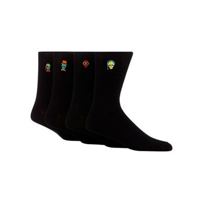 Pack of four black 'funky skulls' embroidered socks